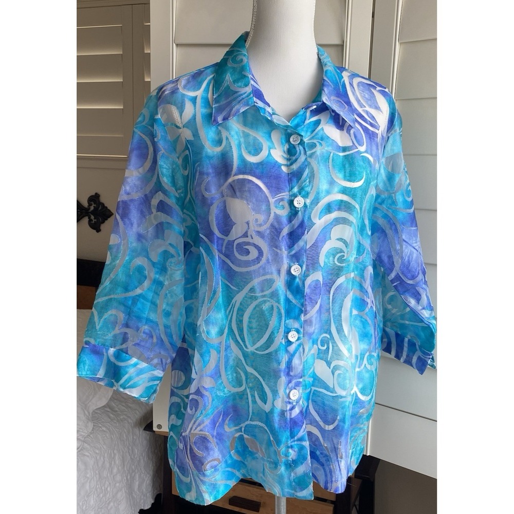 ALL HOURS Women XL Turquoise Blue Sheer Button Front Blouse USA Made Vtg Artsy